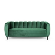 Noble House Hildred Velvet Channel Stitch Sofa, Emerald, Dark Brown