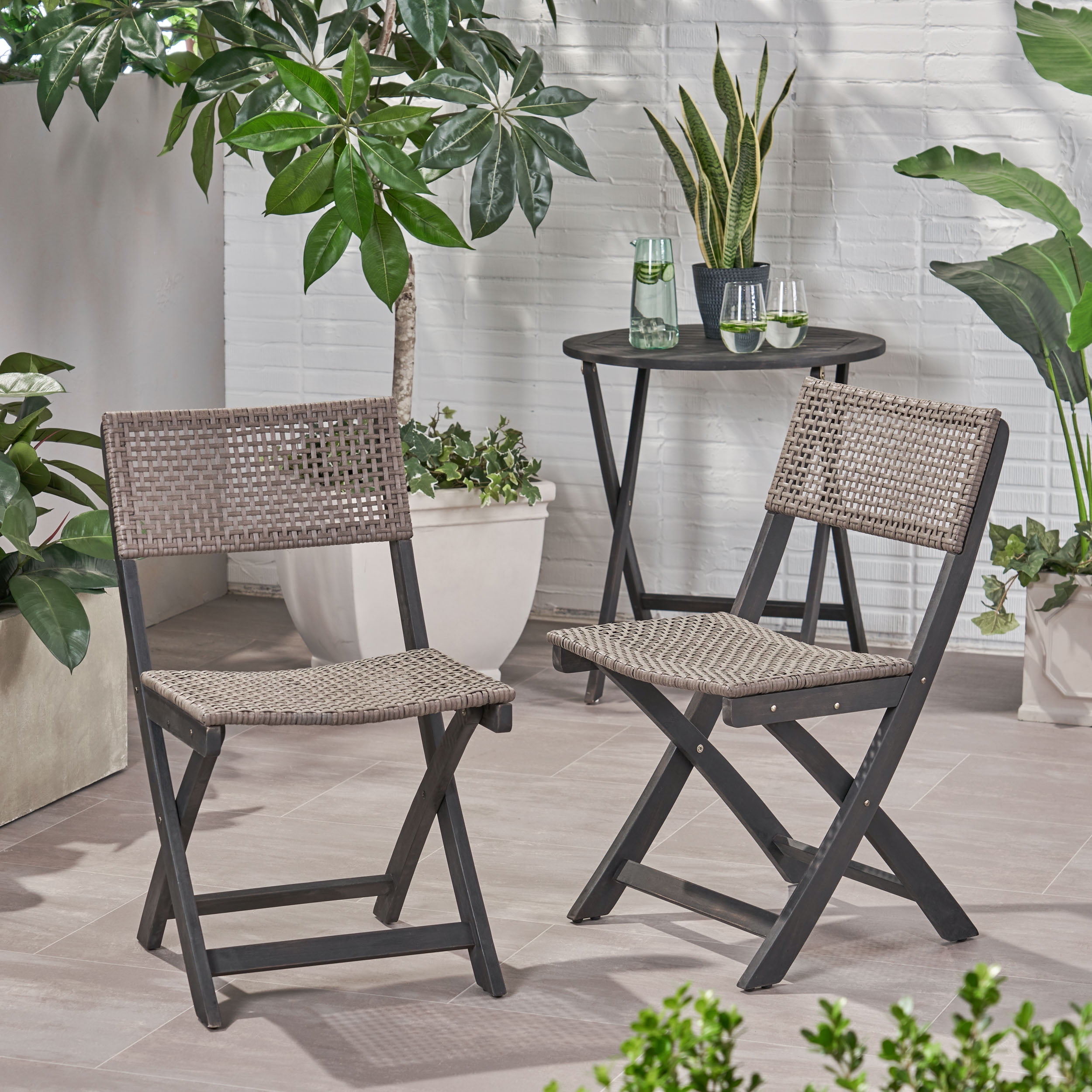Maison Outdoor Acacia Wood Foldable Bistro Chairs with Wicker Seating, Set of 2, Dark Gray Finish and Brown Wicker