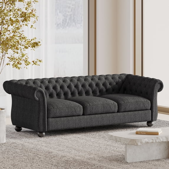 Noble House Hofstad Fabric Tufted 3 Seater Sofa, Black Textured Tweed and Matte Black