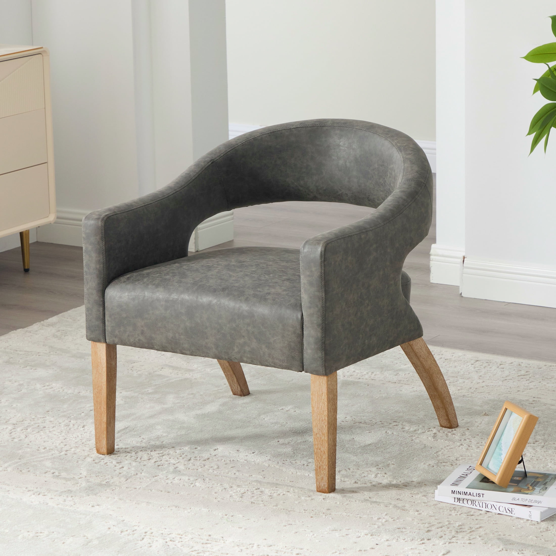 Noble House Holland PU Upholstered Accent Armchair, Mid-Century Barrel Dining Chair with Rubberwood Legs, Gray