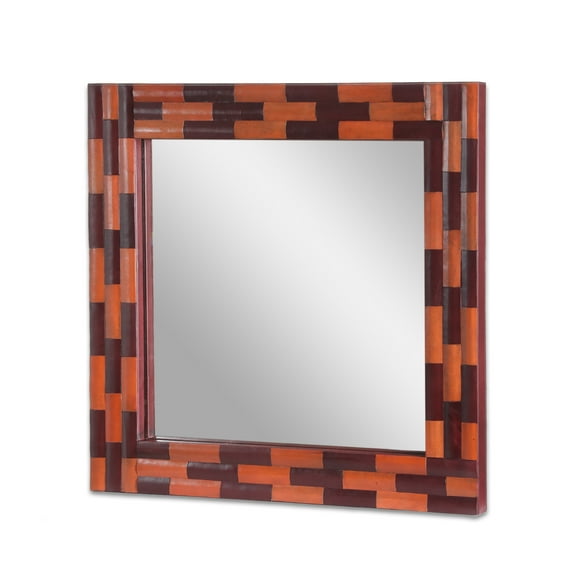 Noble House Hortense Leather Handcrafted Square Wall Mirror, Antique Orange and Tan