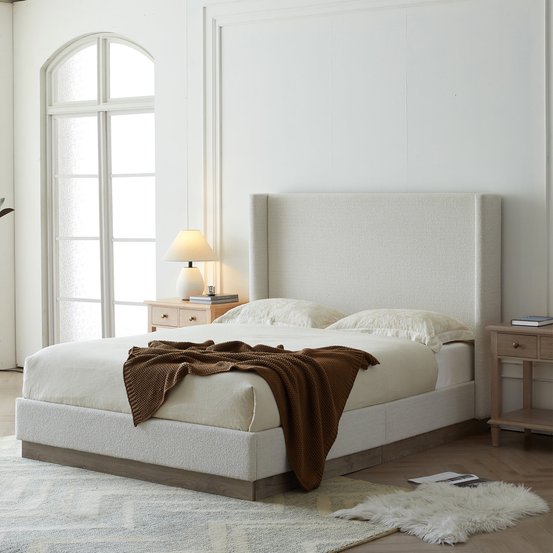 Noble House Hosford Full Boucle Upholstered Wingback Bed, Wood Base Platform Bed with Headboard, Cream White