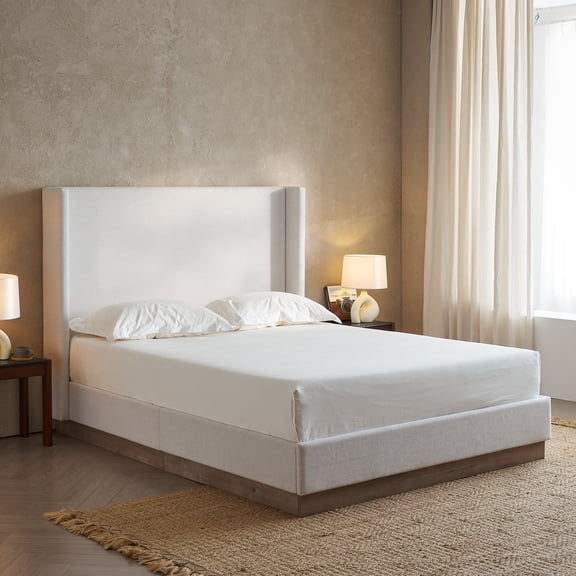 Noble House Hosford Full Canvas Upholstered Wingback Bed, Wood Base Platform Bed with Wingback Headboard, Ivory