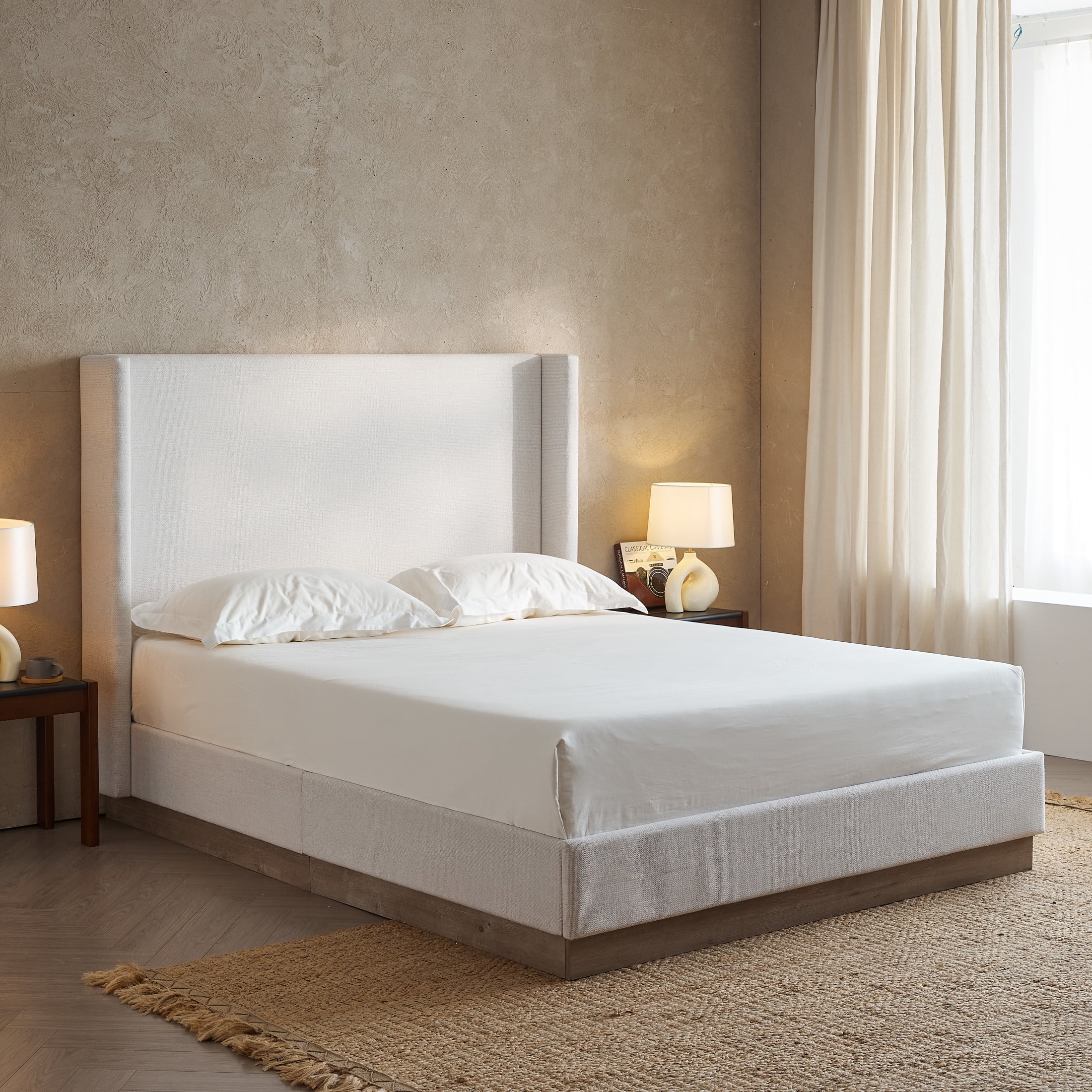 Noble House Hosford King Canvas Upholstered Wingback Bed, Wood Base Platform Bed with Wingback Headboard, Ivory
