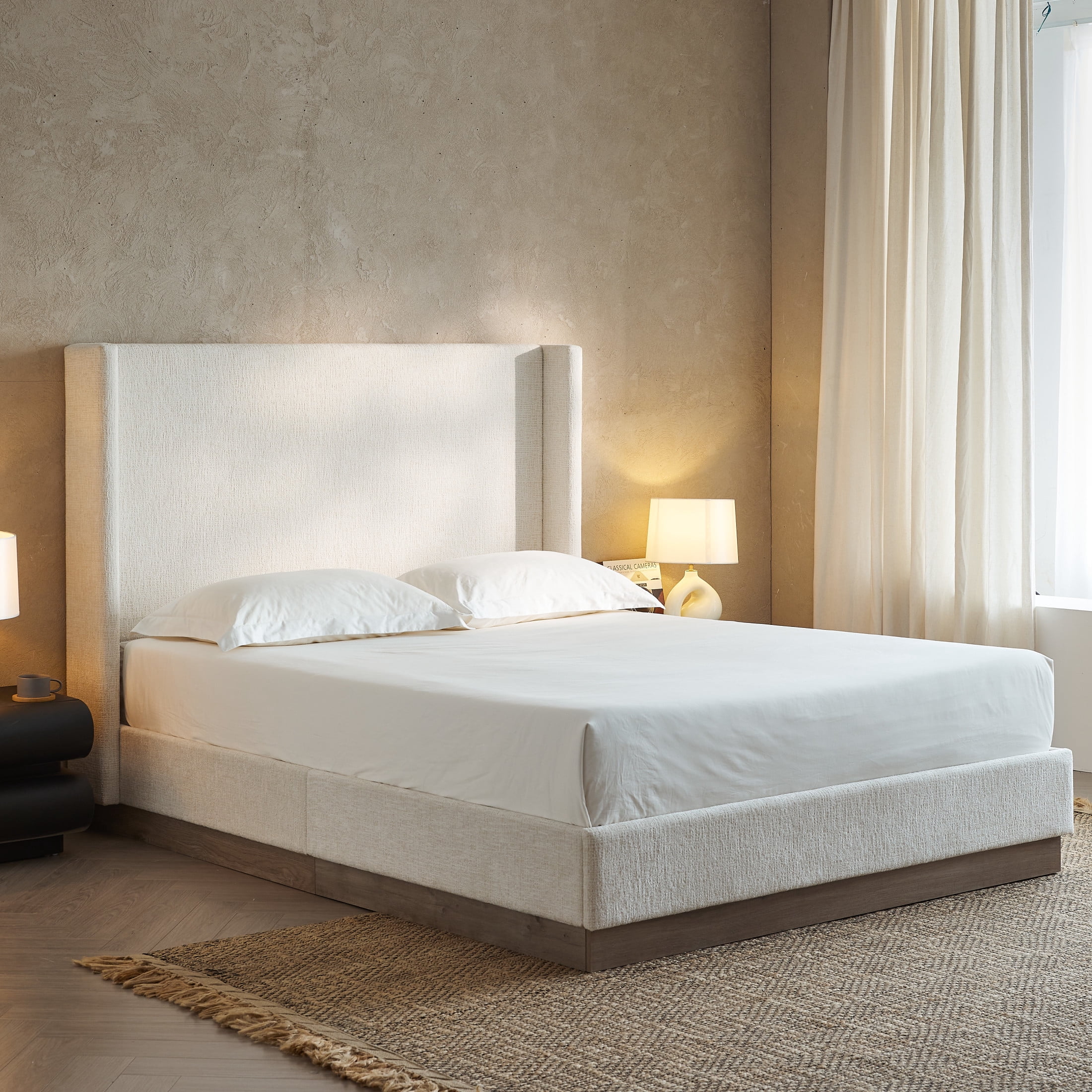 Noble House Hosford Queen Boucle Upholstered Wingback Bed, Wood Base Platform Bed with Headboard, Oat