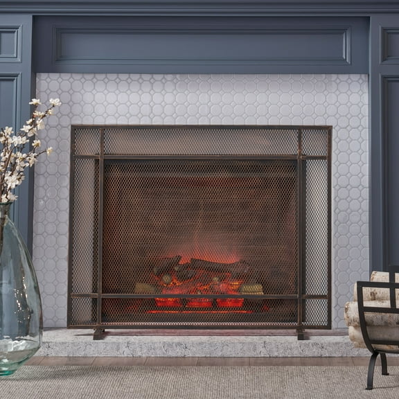 Noble House Houston Modern Single Panel Iron Firescreen, Black Brushed Gold Finish