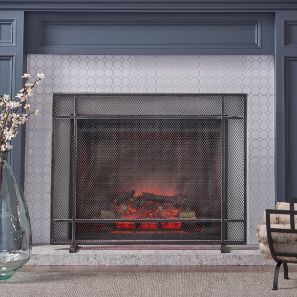 Noble House Houston Modern Single Panel Iron Firescreen, Black Brushed Silver Finish