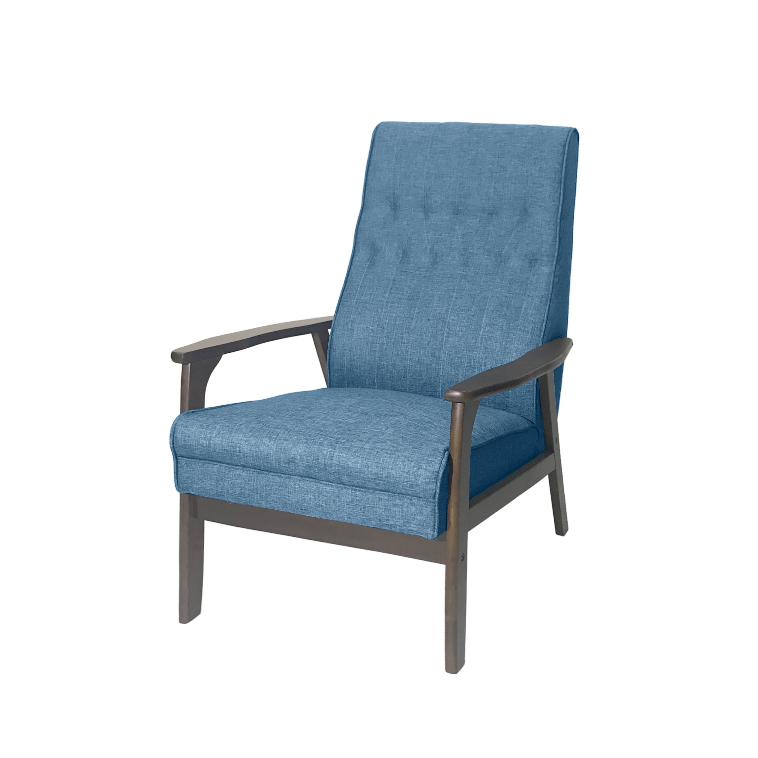 Blue Upholstered Tufted Back Accent Chair with Walnut Rubberwood Legs