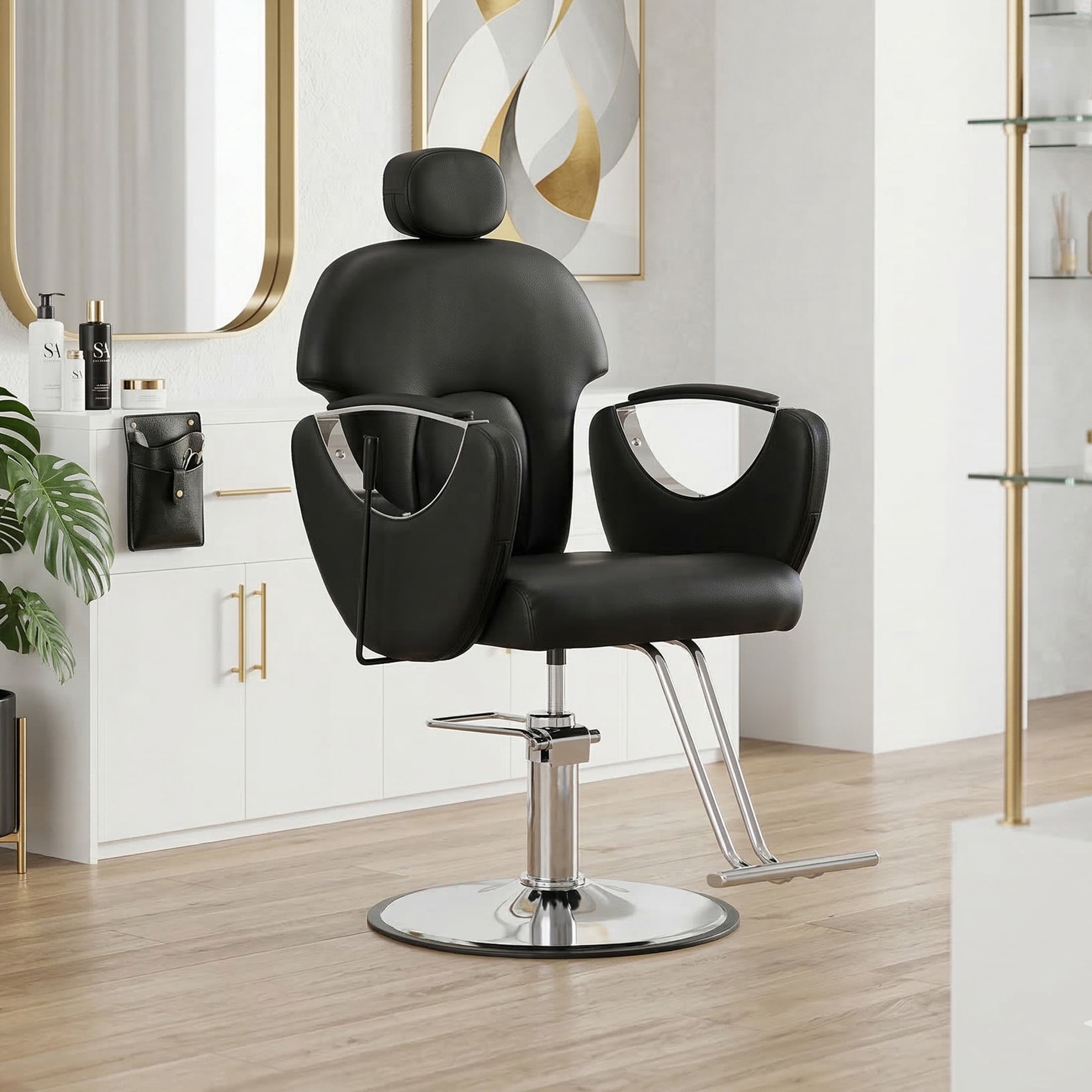 Noble House Hydraulic Barber Chair, Reclining Salon Styling Chair, PU Upholstery, Black + Chrome