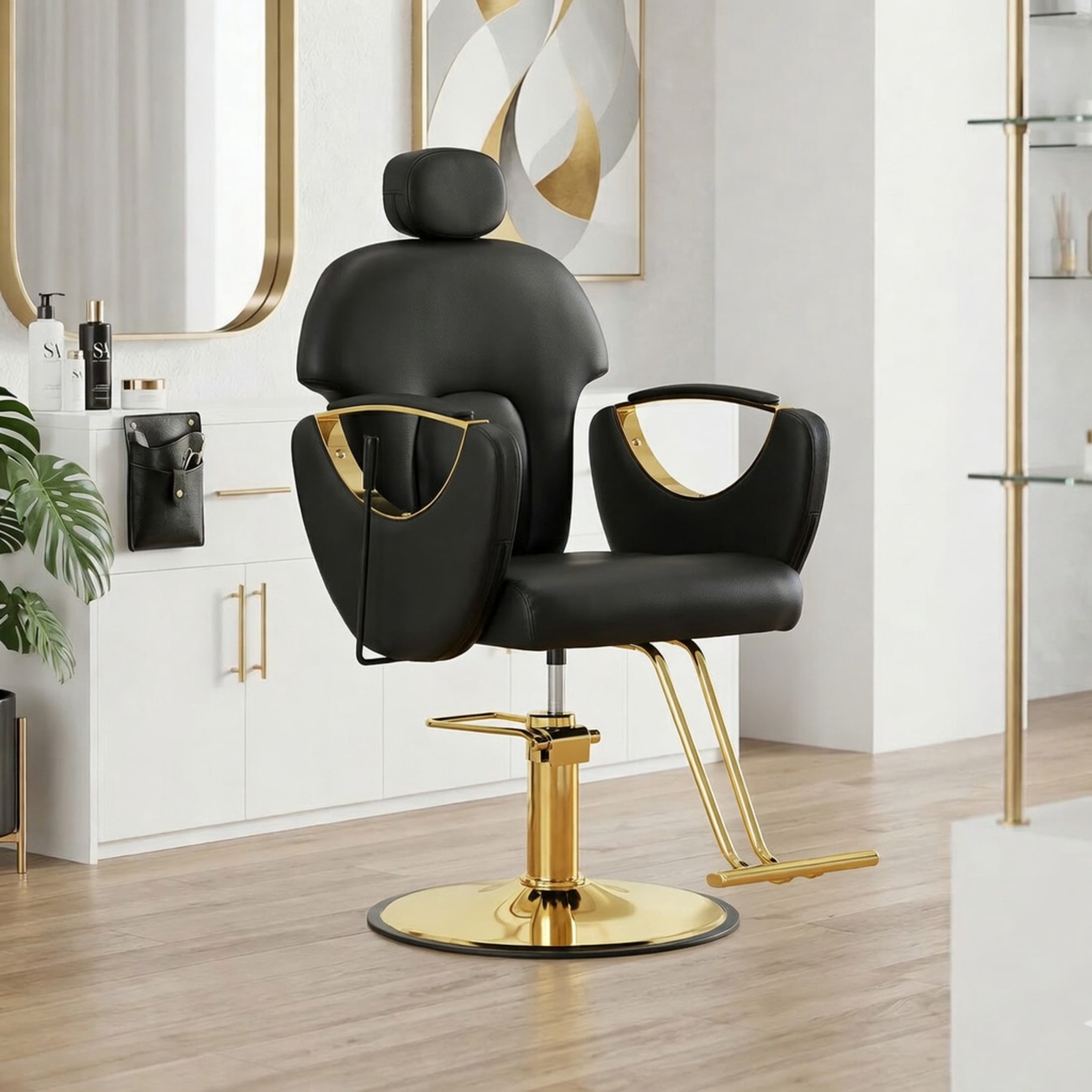 Noble House Hydraulic Barber Chair, Reclining Salon Styling Chair, PU Upholstery, Black + Gold