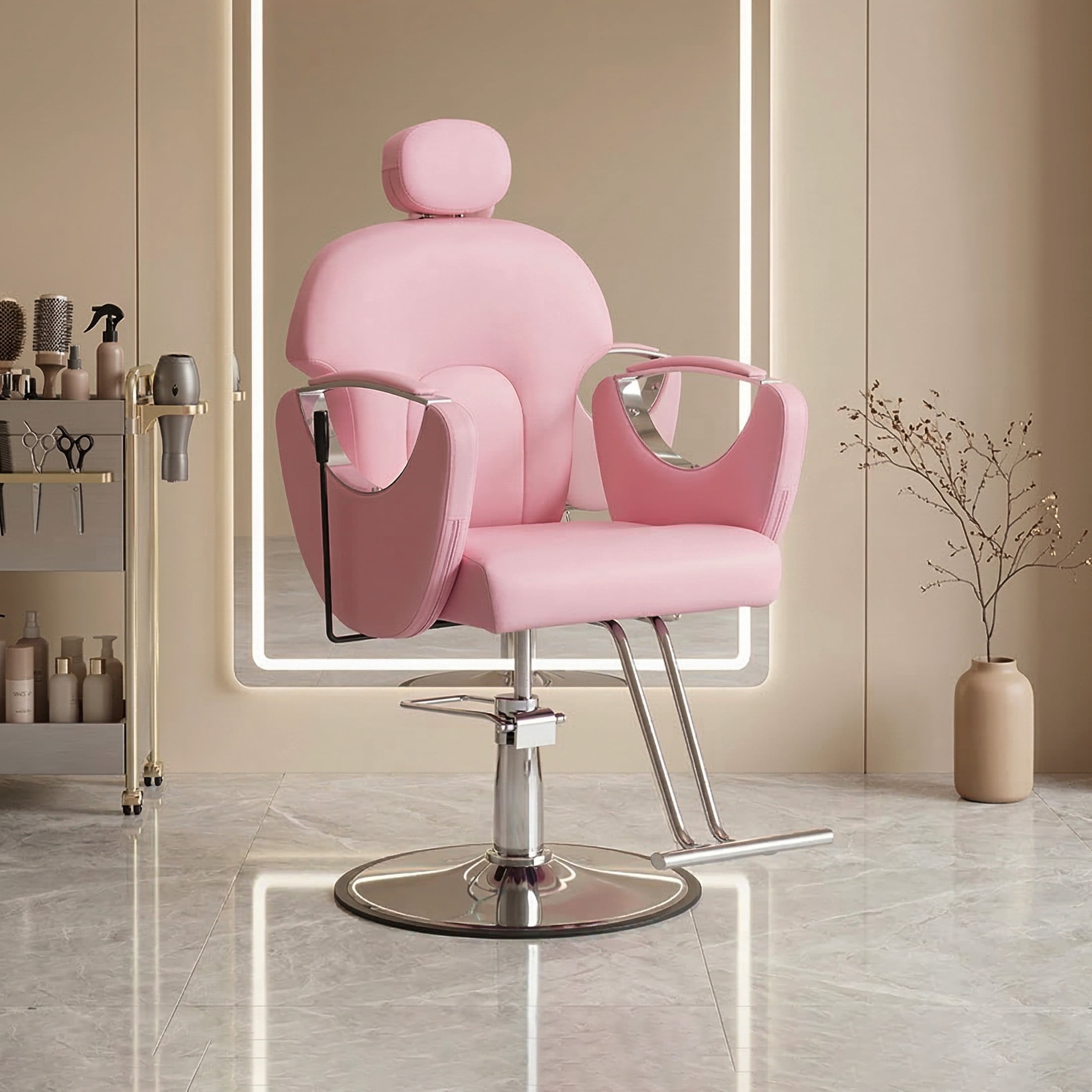 Noble House Hydraulic Barber Chair, Reclining Salon Styling Chair, PU Upholstery, Pink + Chrome