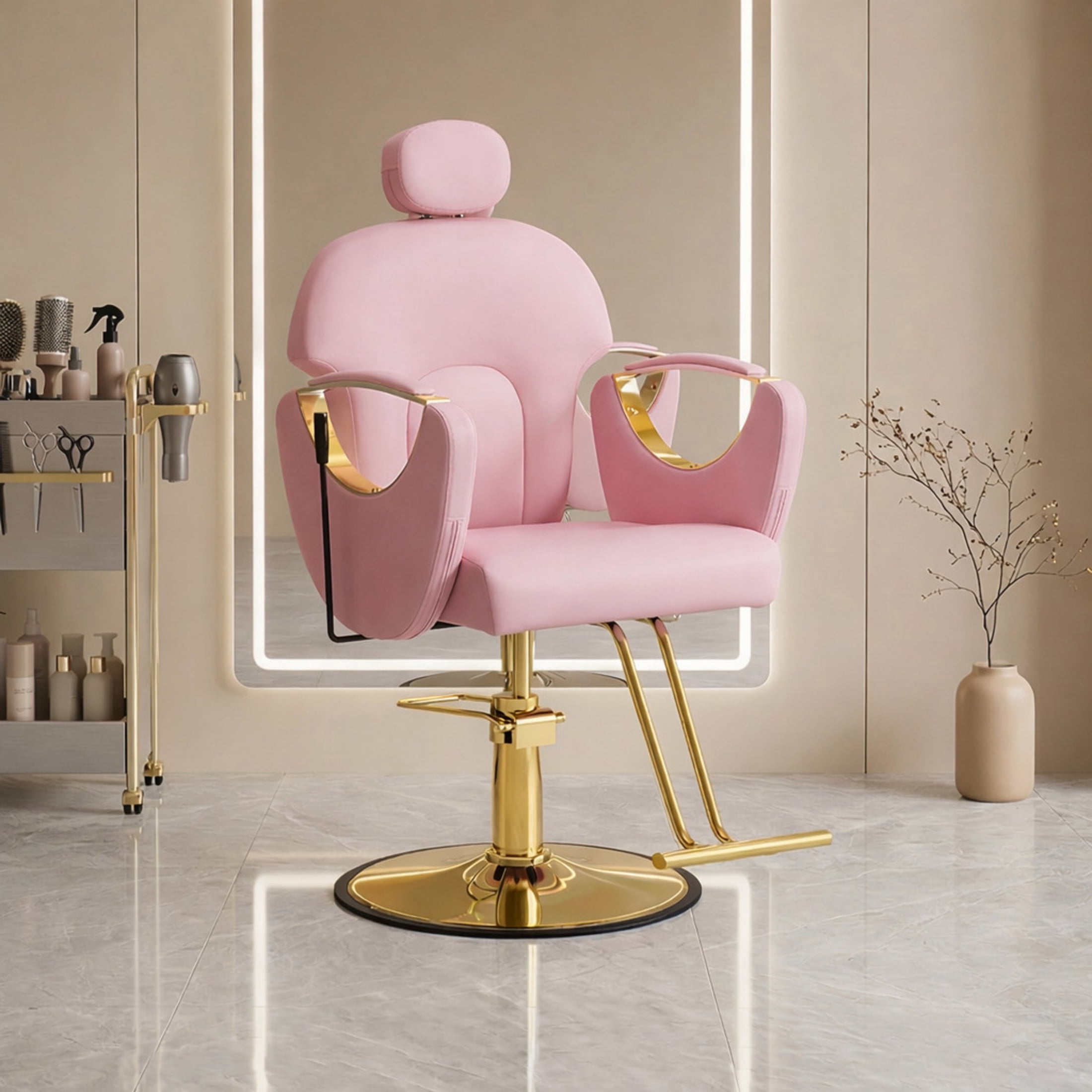 Noble House Hydraulic Barber Chair, Reclining Salon Styling Chair, PU Upholstery, Pink + Gold