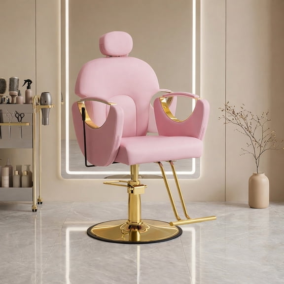 Noble House Hydraulic Barber Chair, Reclining Salon Styling Chair, PU Upholstery, Pink + Gold