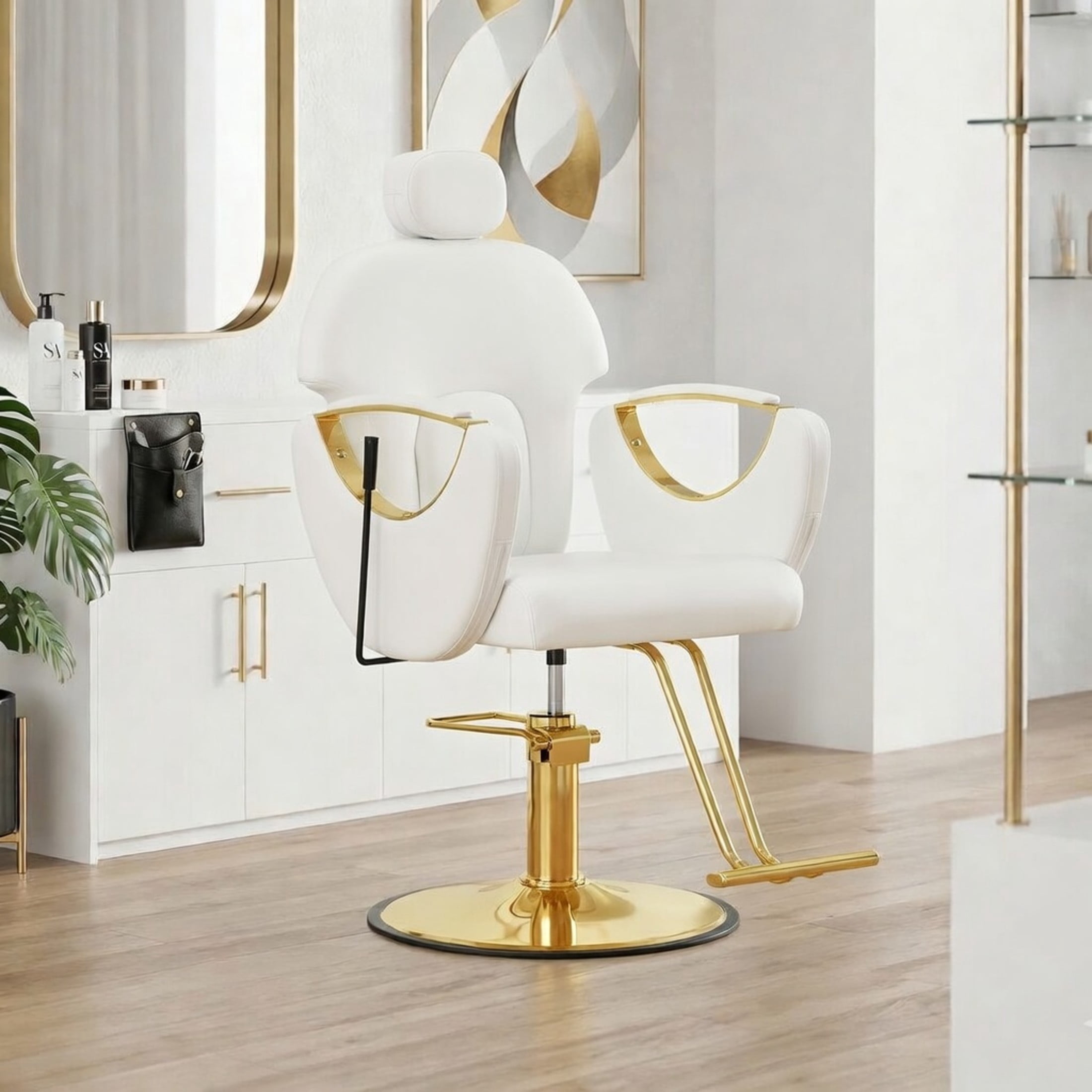 Noble House Hydraulic Barber Chair, Reclining Salon Styling Chair, PU Upholstery, White + Gold