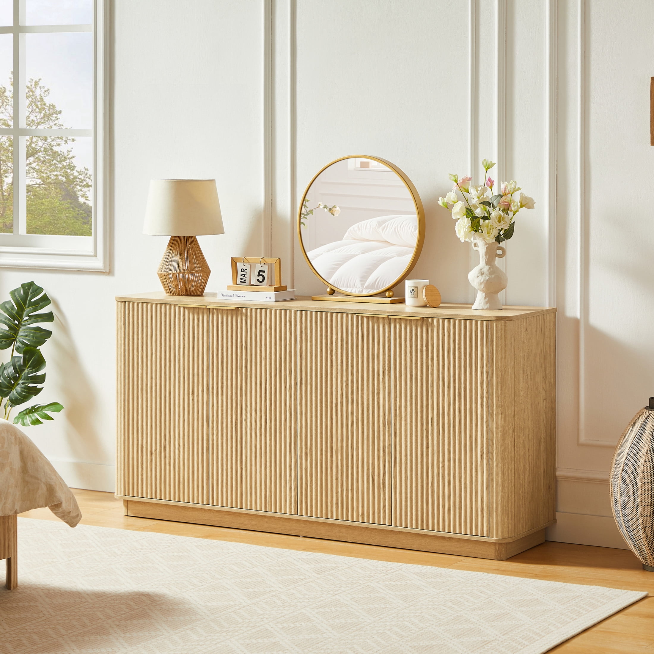 Noble House Illis 63" Modern Buffet Cabinet, Vertical Stripe Sideboard with Curved Wave Design and TV Stand, Oak