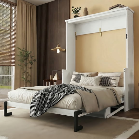 Noble House Illis Queen Size Murphy Wall Bed with Built-in Desk and Shelving, Sturdy Pine Wood Cabinet Bed, White