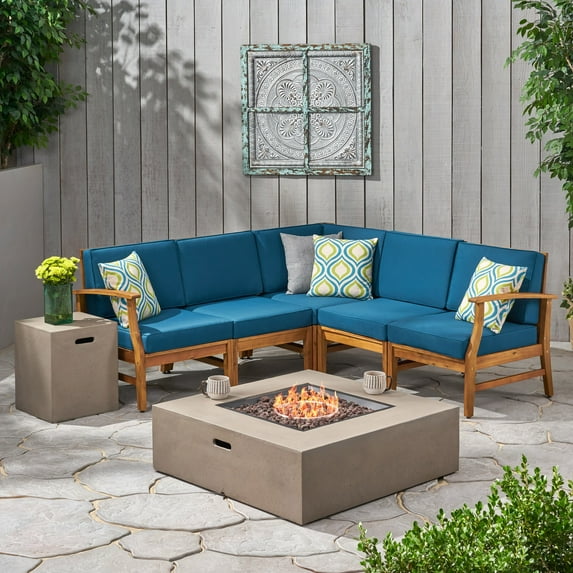 Noble House Illona 7-Piece Outdoor Acacia Wood Sofa Set in Blue