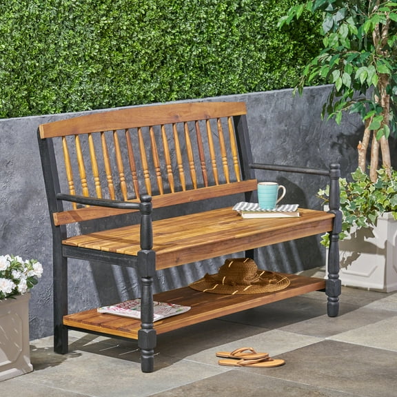 Noble House Imperial Outdoor Rustic Acacia Wood Bench with Shelf in Teak/Black