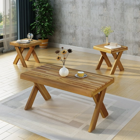 Noble House Indoor Farmhouse 3 Piece Acacia Wood Table Set, Teak