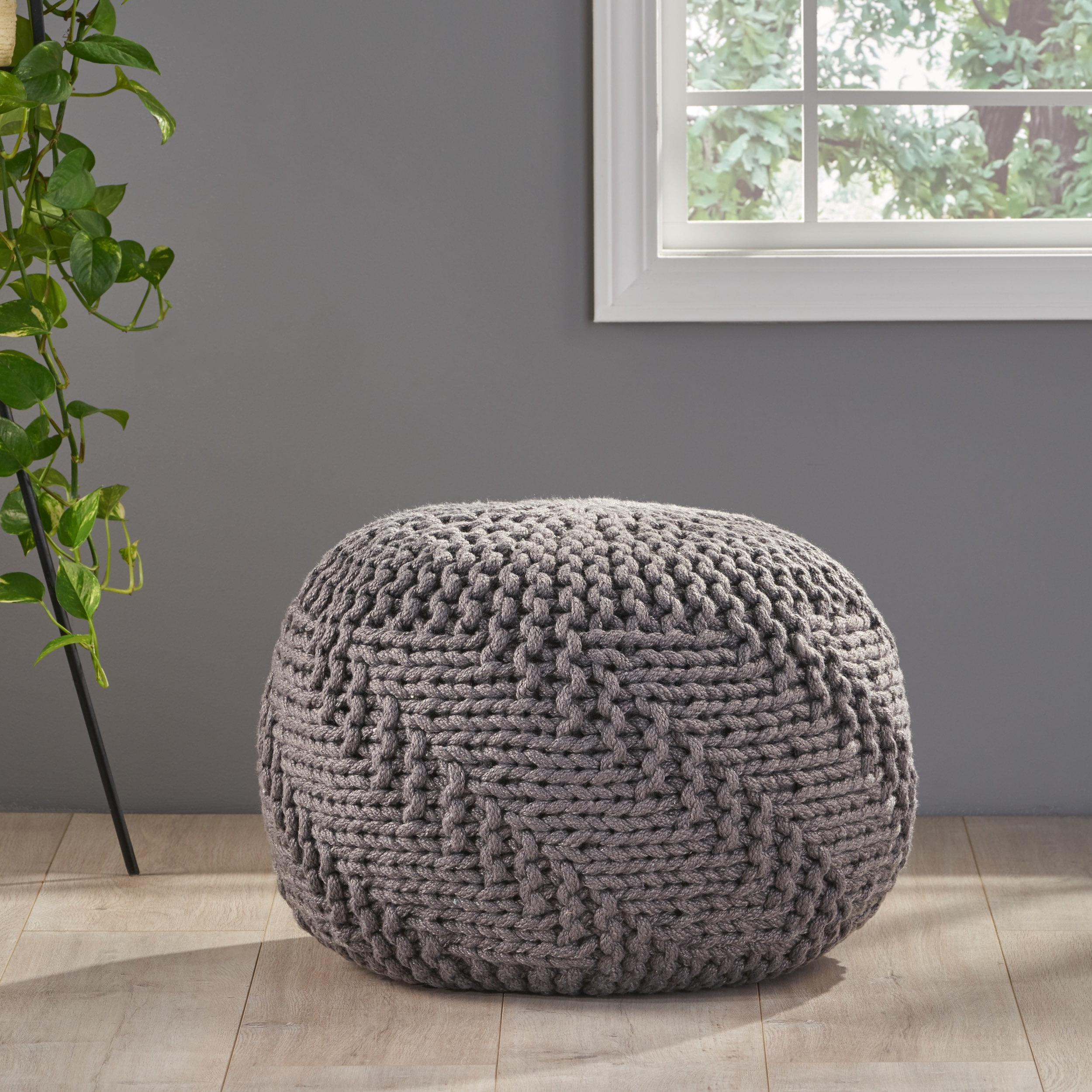 Noble House Indoor/ Outdoor Fabric Weave Pouf,Dark Grey