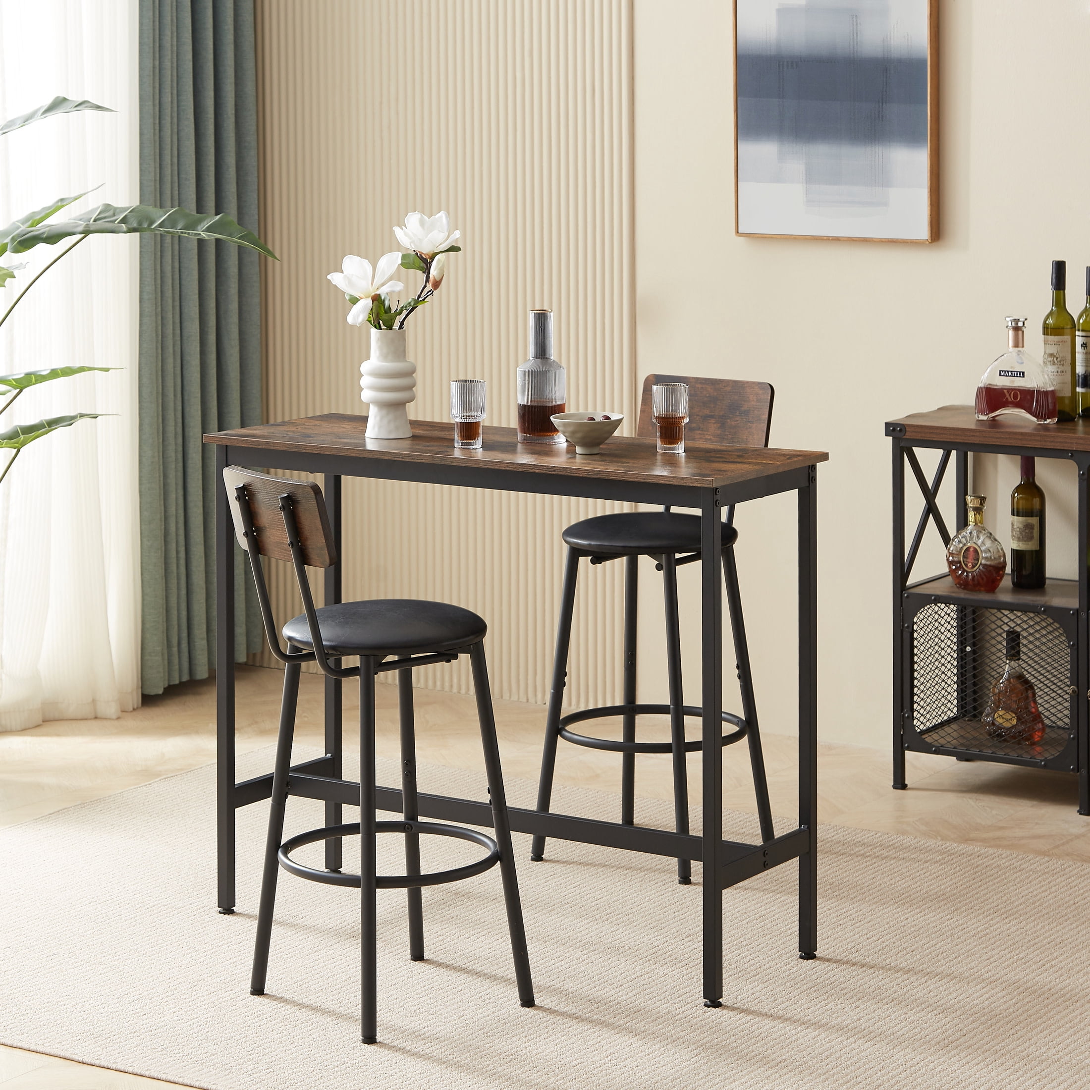 Noble House Industrial 3-Piece Bar Set, Space-Saving Dining Table with 2 PU Upholstered Stools & Backrests, Rustic Brown