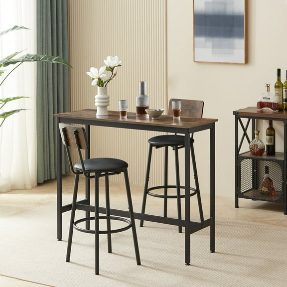 Noble House Industrial 3-Piece Bar Set, Space-Saving Dining Table with 2 PU Upholstered Stools & Backrests, Rustic Brown