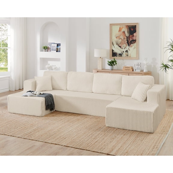 Noble House Isaiah 132" Modern U-Shape Modular Sectional Sofa, Minimalist Corduroy Compressed Sleeper Couch, Beige