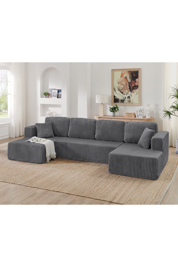 Isaiah 132" Modern U-Shape Modular Sectional Sofa, Minimalist Corduroy Compressed Sleeper Couch, Gray