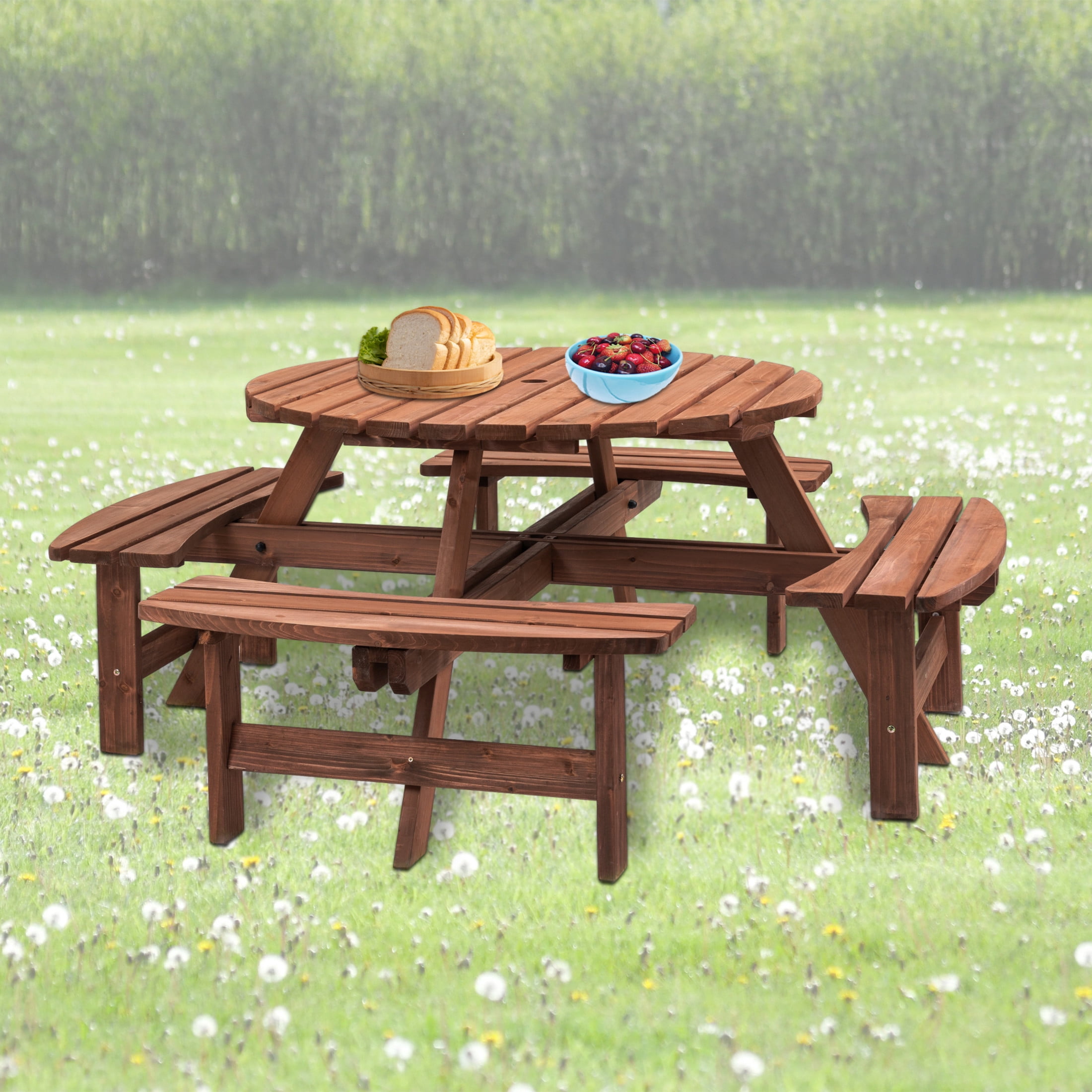 Noble House Isolde 8-Seat Circular Picnic Table with Built-in Benches and Umbrella Hole, Outdoor Fir Wood Set, Brown