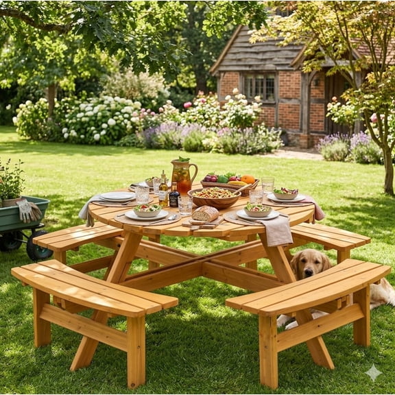 Noble House Isolde 8-Seat Circular Picnic Table with Built-in Benches and Umbrella Hole, Outdoor Fir Wood Set, Natural