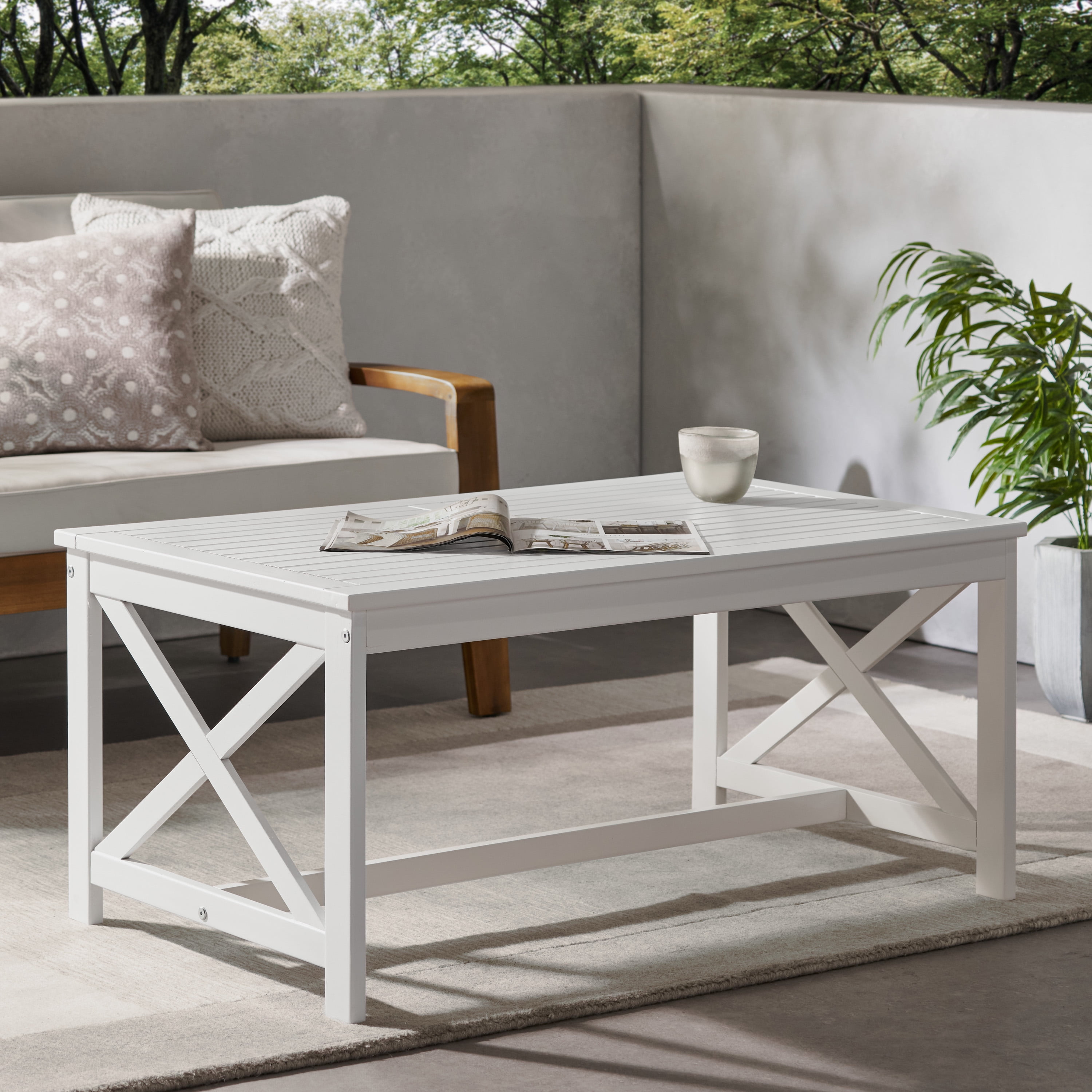 Noble House Ivan Farmhouse Outdoor Acacia Wood Coffee Table in White