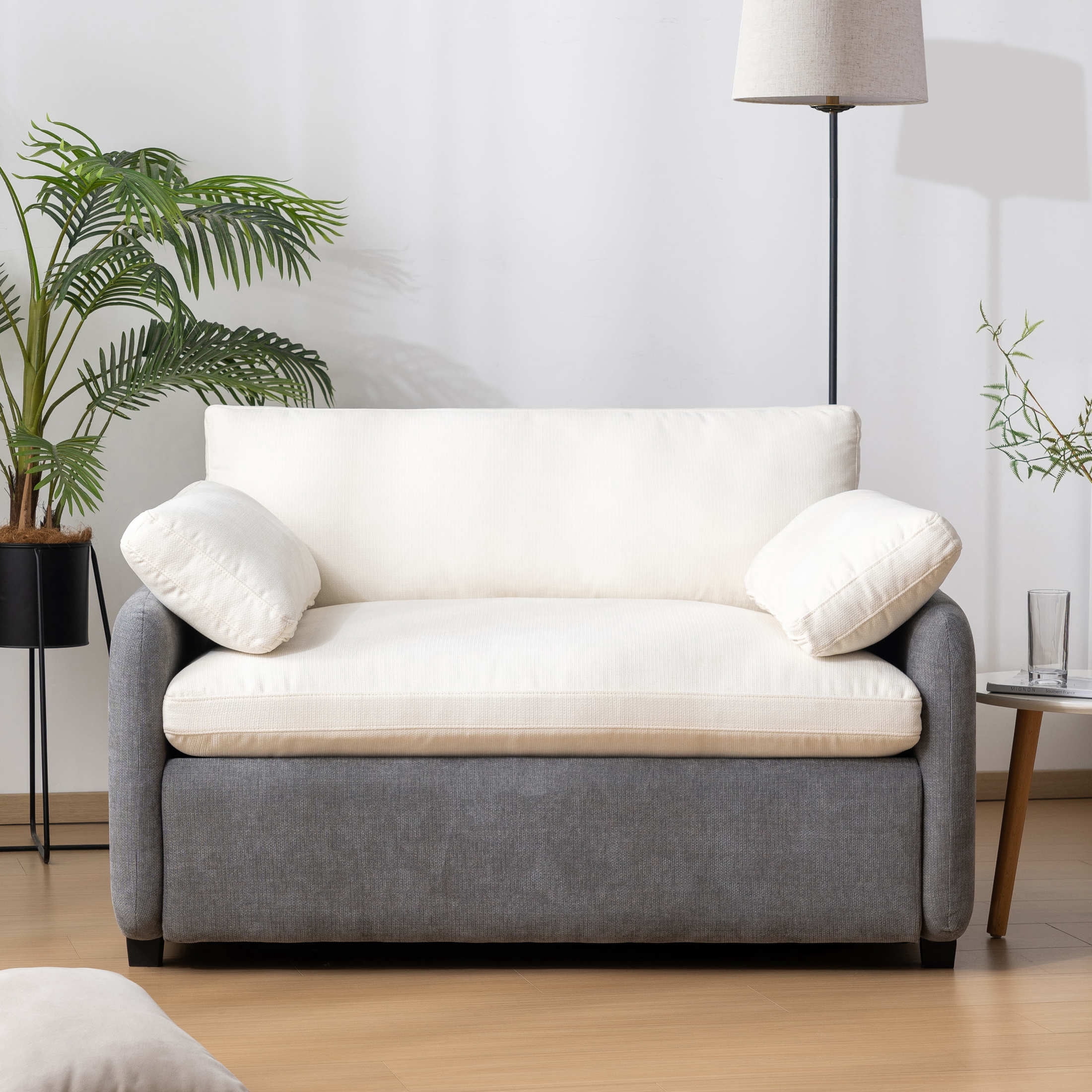 Noble House Iveron Oversized Chenille Upholstered Single Sofa Chair, Armchair Couch with Armrest Pillows, Gray & Cream