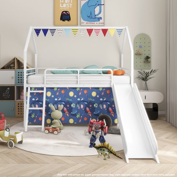 Noble House Jack Twin Loft Bed with Slide, Curtain Set, Metal Frame, White and Blue