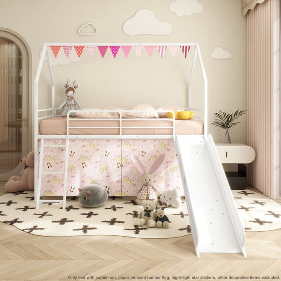 Noble House Jack Twin Loft Bed with Slide, Curtain Set, Metal Frame, White and Pink