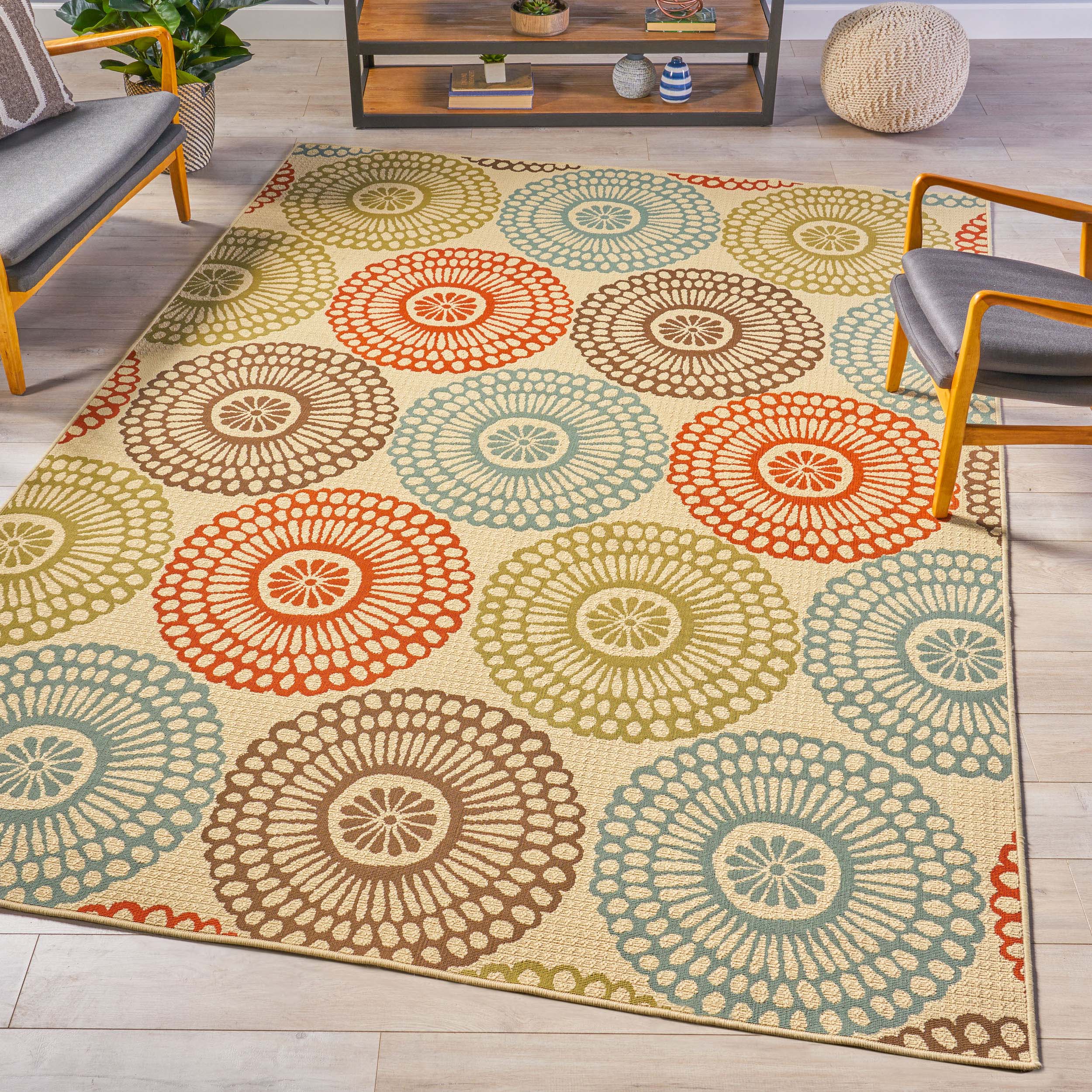 Noble House Jamal Indoor Floral 8 x 11 Area Rug, Beige, Blue