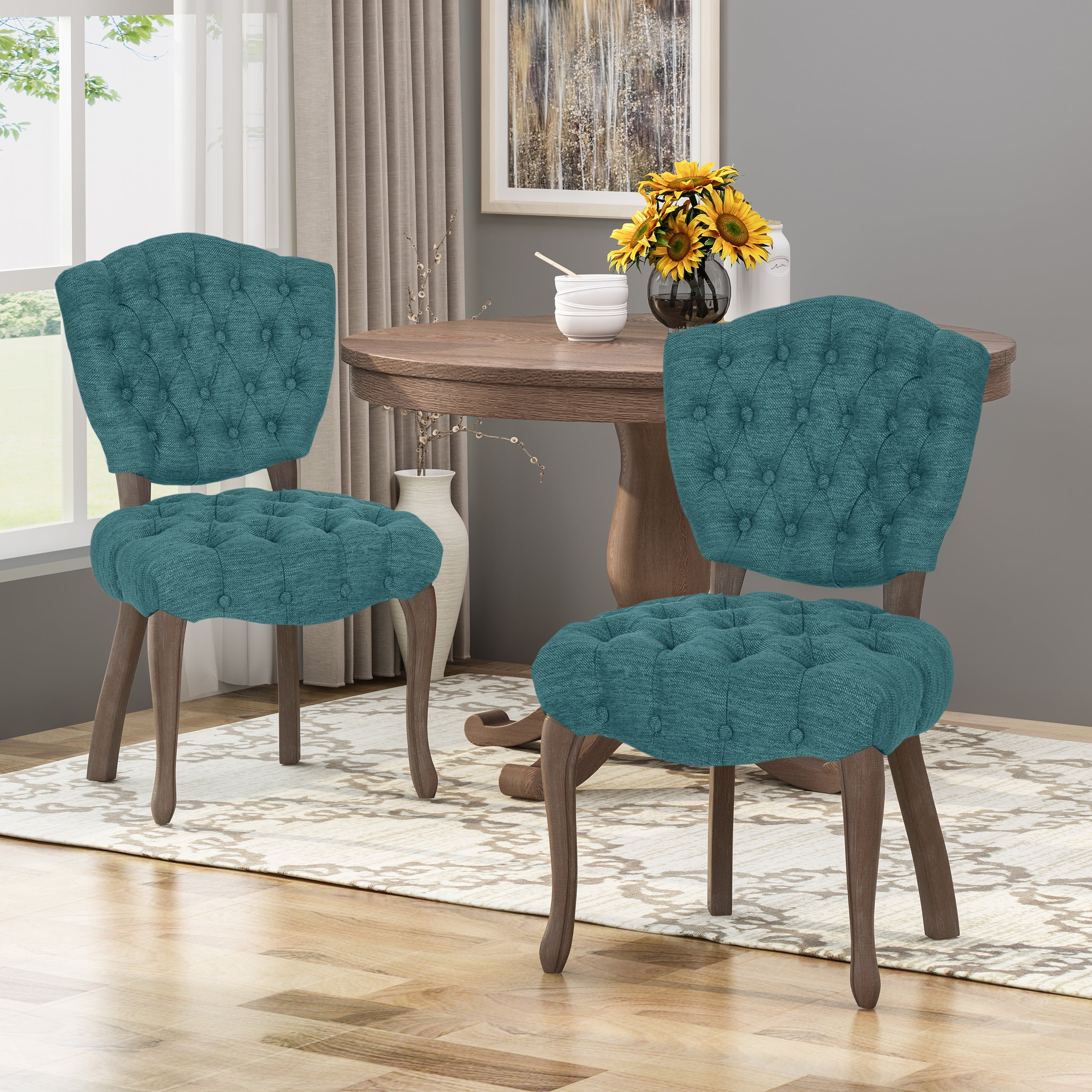 Teal Upholstered Button Tufted Side Chair with Rubberwood Legs