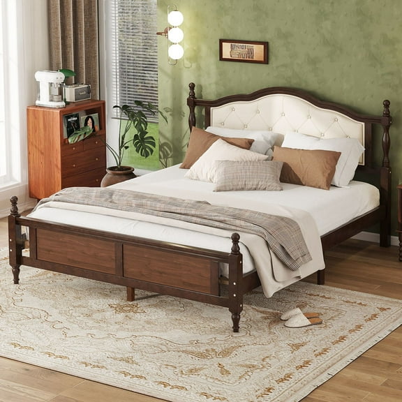 Noble House Japal Queen Bed with Upholstered Headboard, Pine Wood Frame with Central Support, Walnut
