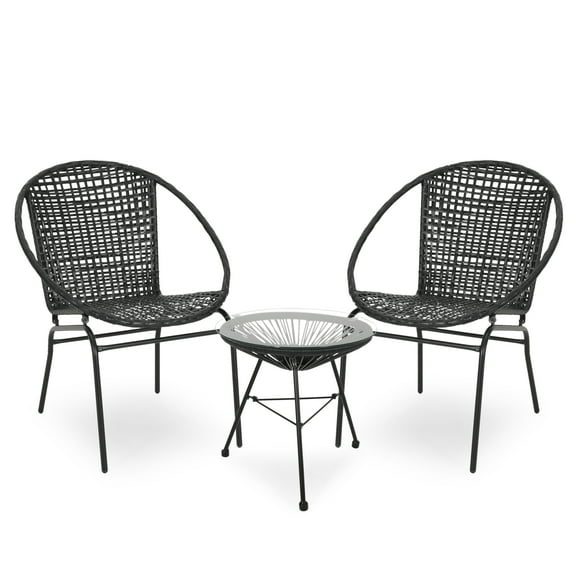 Noble House Java 3 Piece Outdoor Faux Rattan Chat Set in Black
