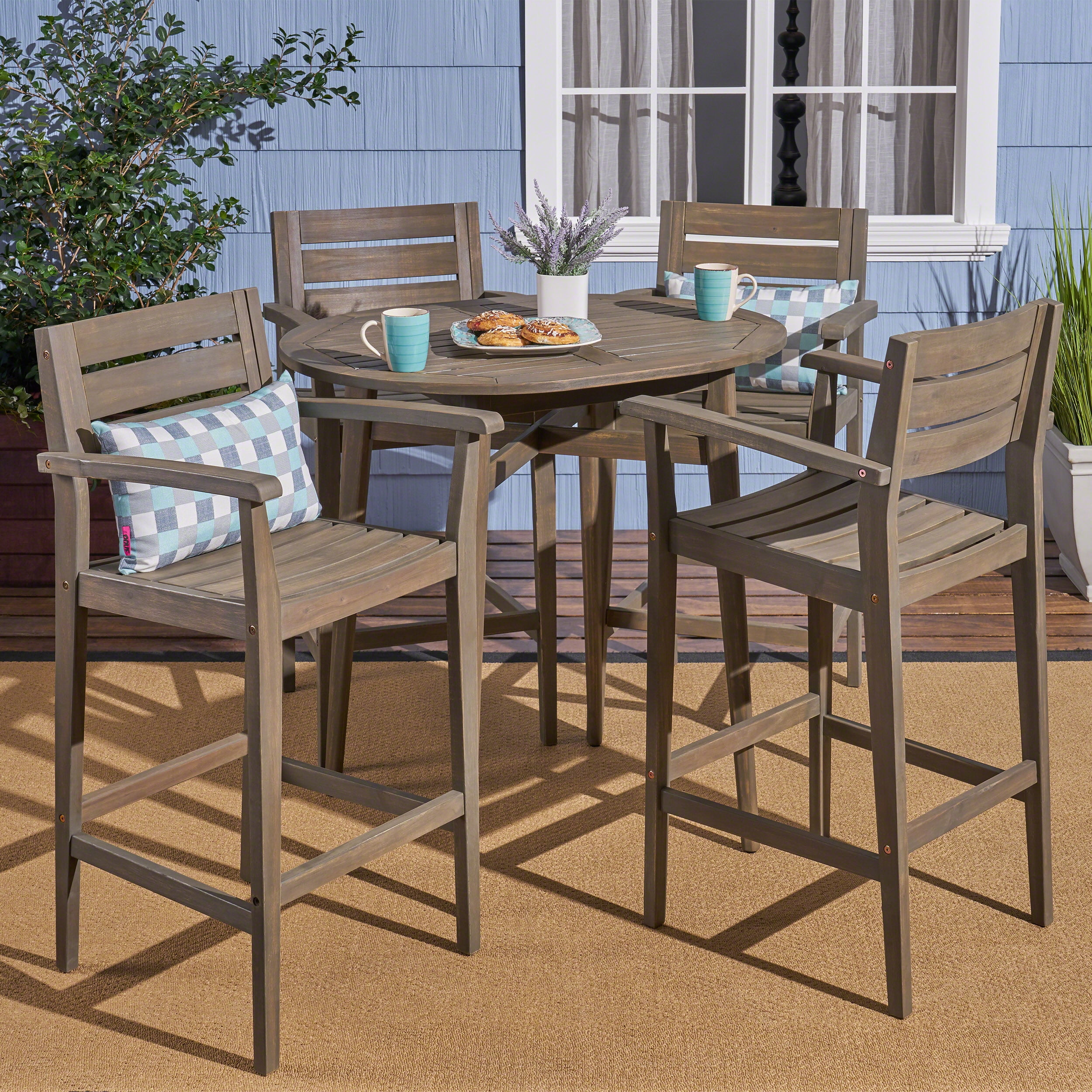 Gray Acacia Wood 5-Piece Outdoor Bar Set with Slatted Design