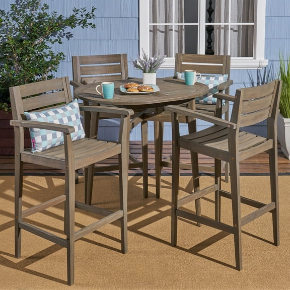 Noble House Jaxson Outdoor Rustic 5 Piece Acacia Wood Bar Set, Gray