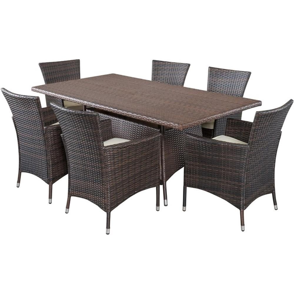 Multibrown Iron and Wicker 6-Person Patio Dining Set with Cushions