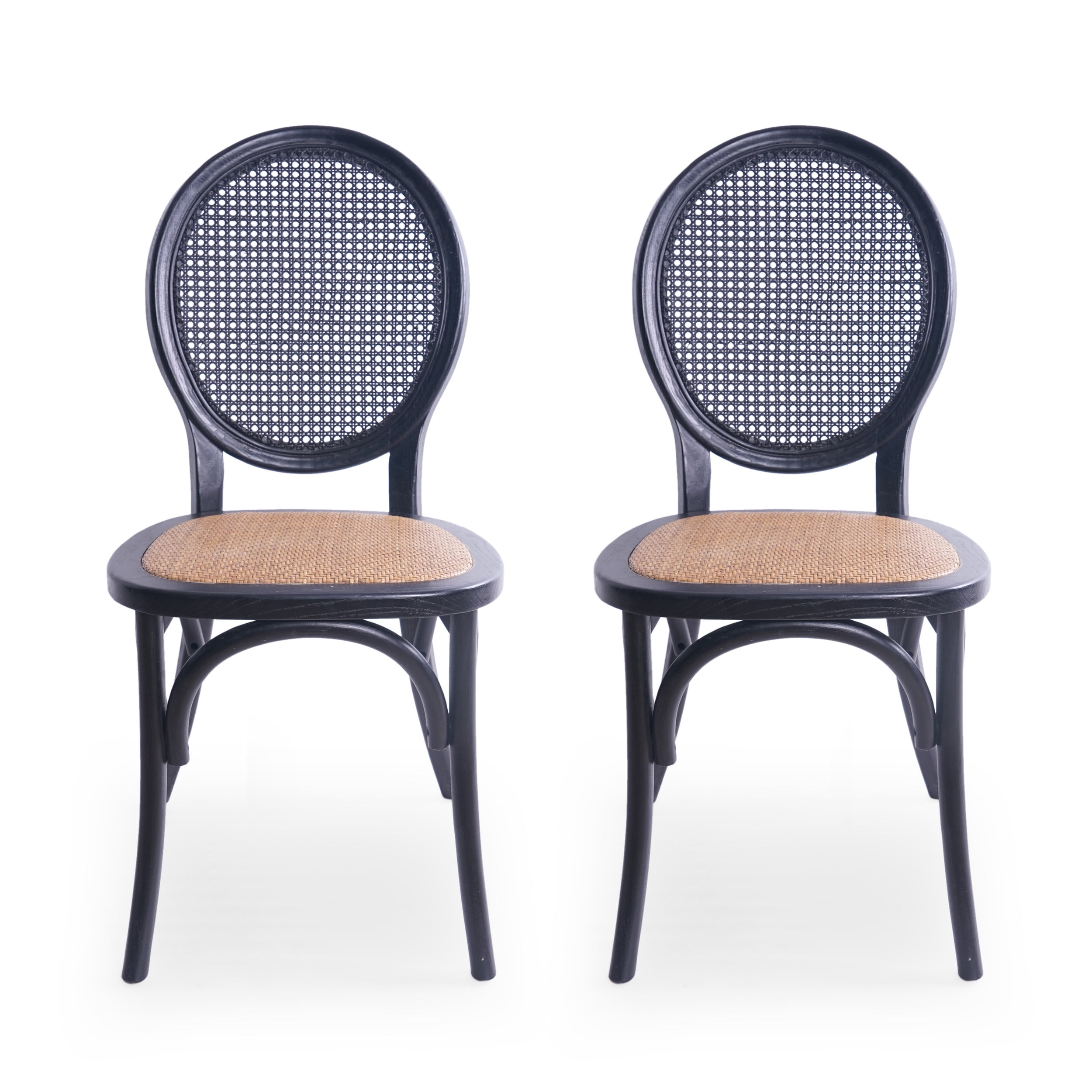 Matte Black Wood and Cane Low Back Side Chair Set