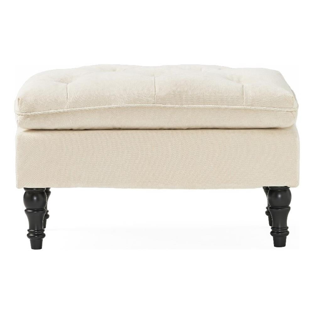 Cream Tufted Fabric and Wood Rectangular Ottoman