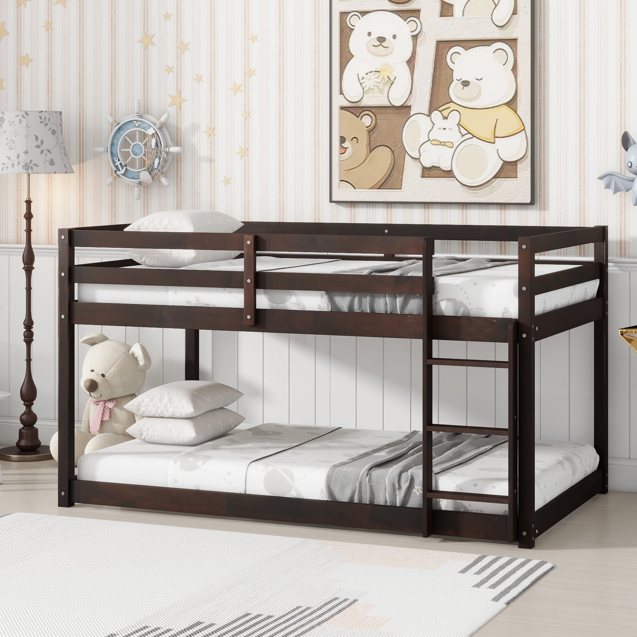 Noble House Jerome Twin Over Twin Floor Bunk Bed with Ladder, Solid Rubber Wood Frame with Strengthened Slats, Espresso