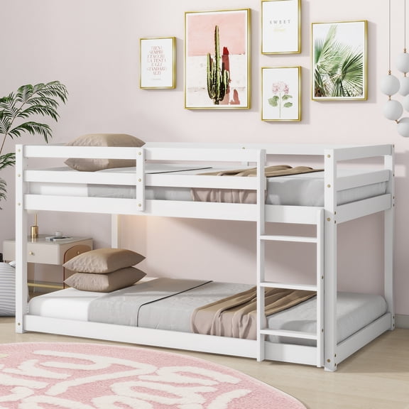 Noble House Jerome Twin Over Twin Floor Bunk Bed with Ladder, Solid Rubber Wood Frame with Strengthened Slats, White
