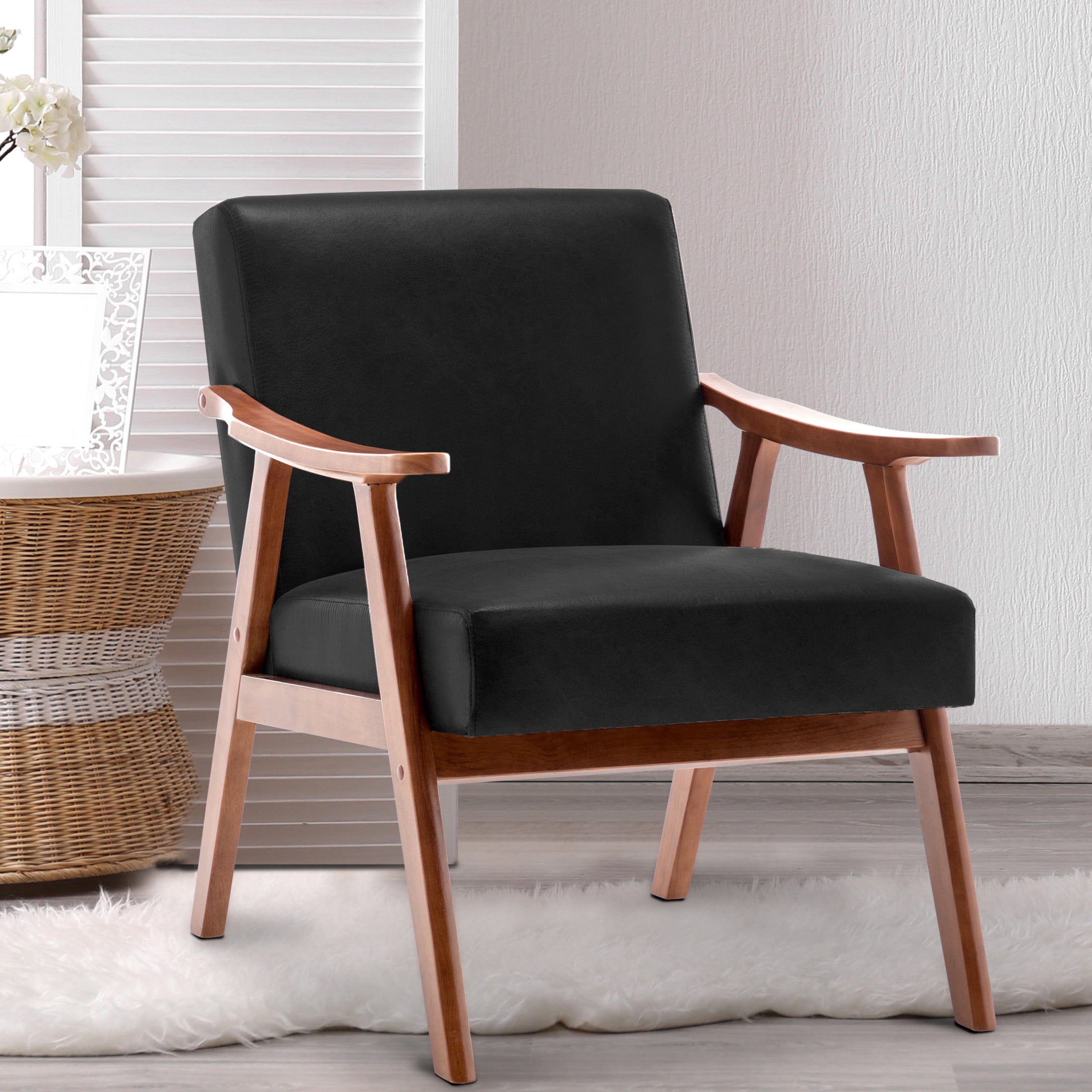 Noble House Jesse Modern Accent Chair, Solid Wood Thick Backrest PU Leather Upholstered Lounge Armchair, Brown