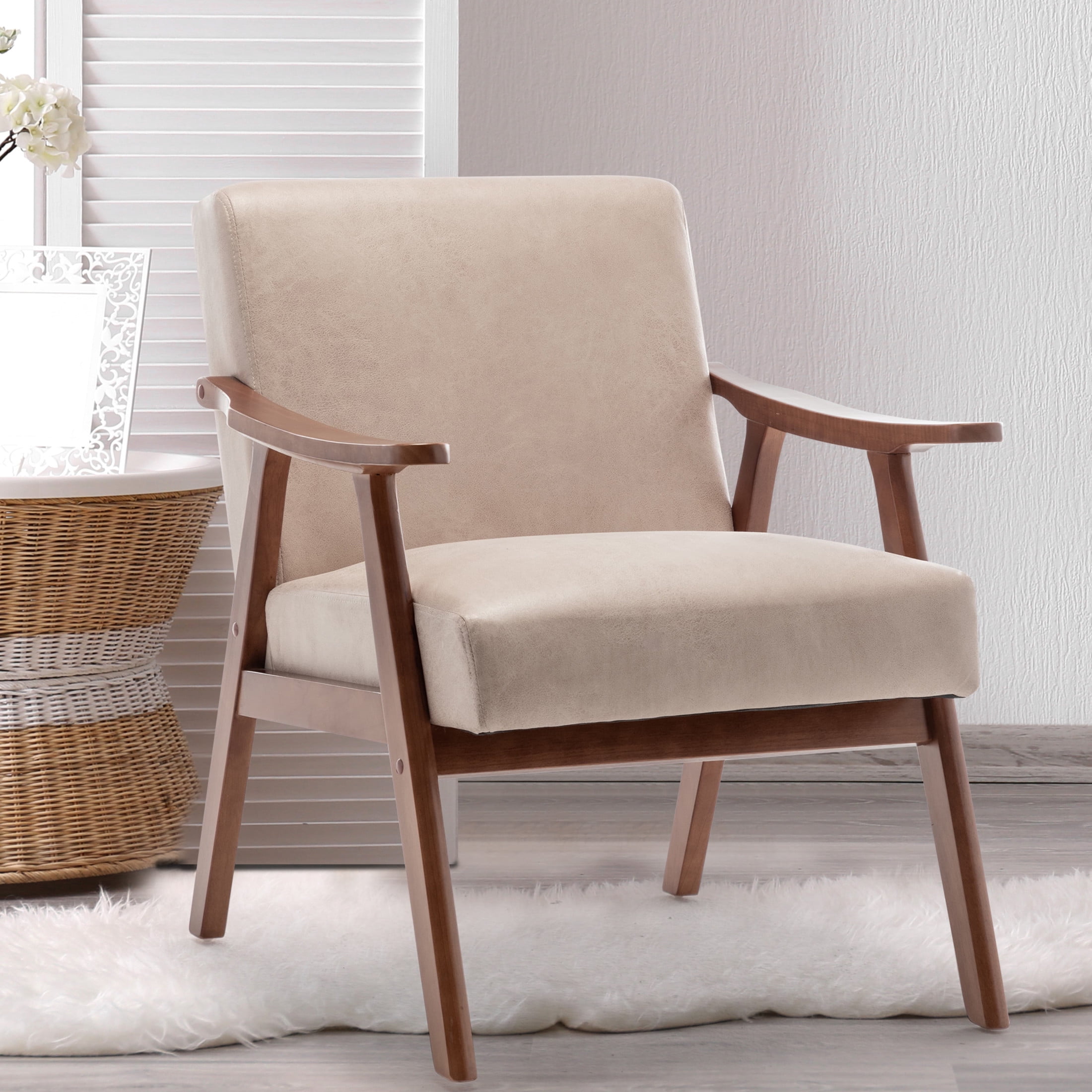 Noble House Jesse Modern Accent Chair, Solid Wood Thick Backrest Upholstered Lounge Armchair, Light Camel