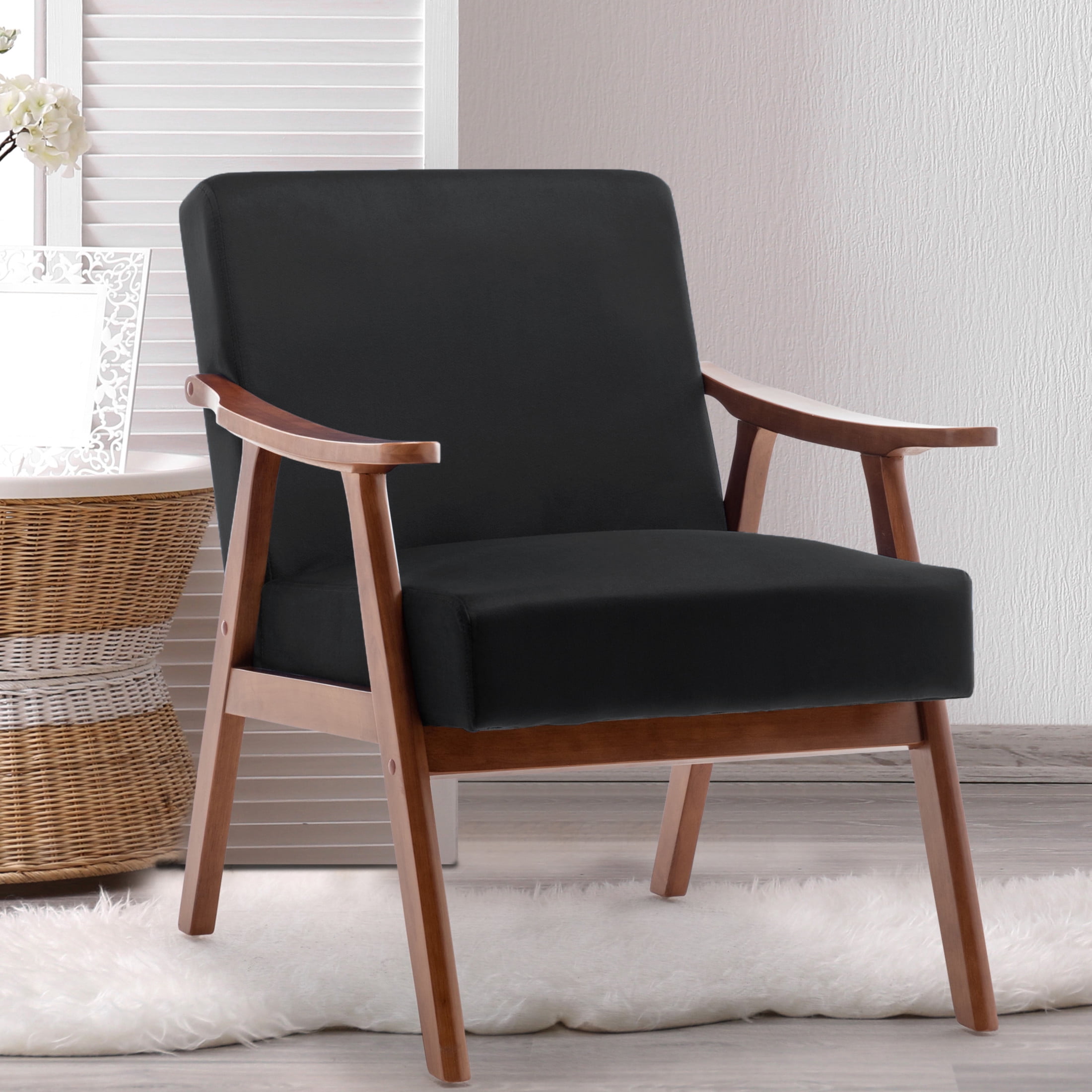 Noble House Jesse Modern Accent Chair, Solid Wood Thick Backrest Upholstered Velvet Lounge Armchair, Black