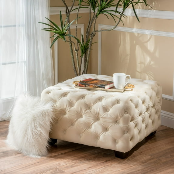 Noble House Jessie Ivory Tufted Velvet Ottoman