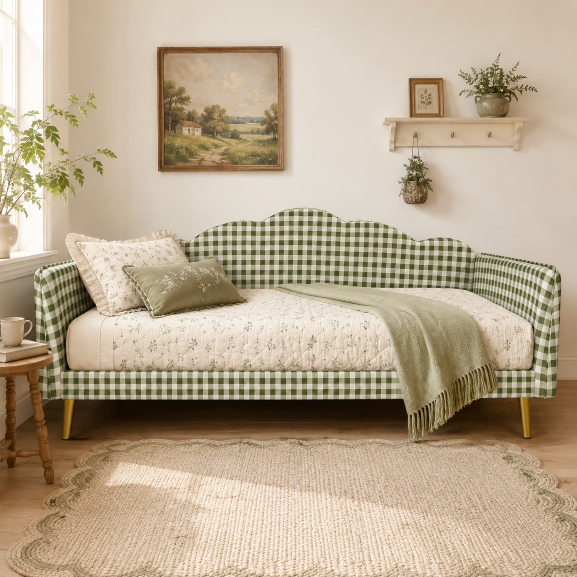 Noble House Jocast Twin Size Upholstered Platform Daybed, Gingham Pattern Headboard and Side Armrests, Green